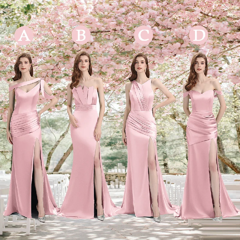 Sexy Side Slit Mismatched Blush Pink Soft Satin Mermaid Long Bridesmaid Dresses