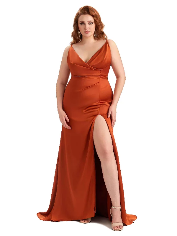 Plus Size Sexy Side Slit Spaghetti Straps Mermaid Soft Satin Bridesmaid Dresses For Wedding