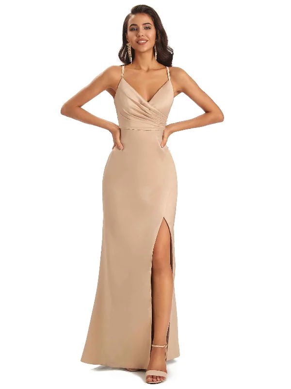 Soft Satin Side Slit Spaghetti Straps Long Unique Mermaid Bridesmaid Dresses