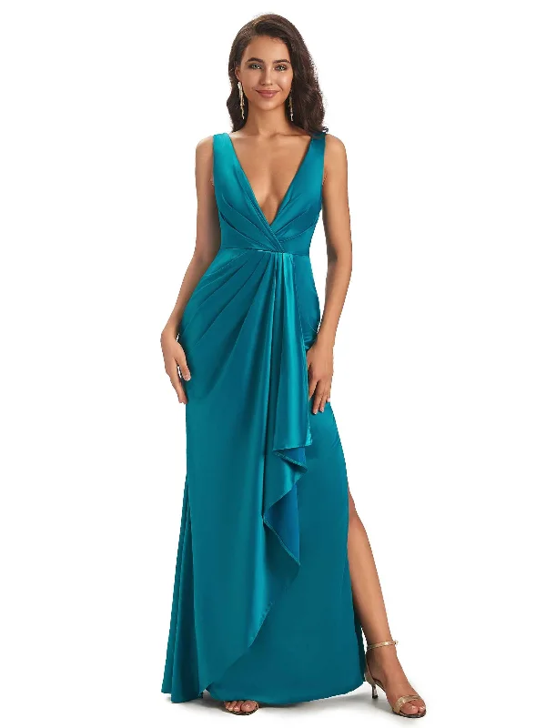 Sexy Soft Satin Side Slit V-neck Floor-Length Long Bridesmaid Dresses Online