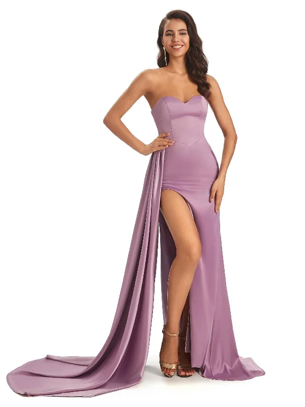 Sexy Soft Satin Sweetheart Side-Slit Unique Long Mermaid Bridesmaid Dresses