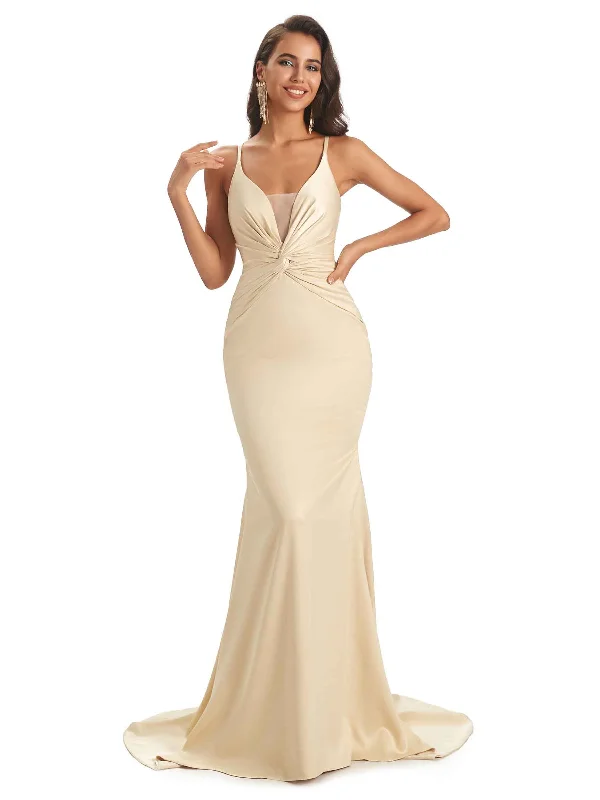 Sexy Soft Satin V-Neck Side Slit Spaghetti Straps Long Mermaid Bridesmaid Dresses