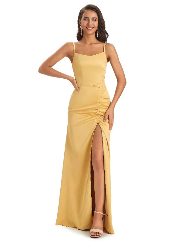 Soft Satin Side Slit Scoop Neckline Long Mermaid Bridesmaid Dresses Online