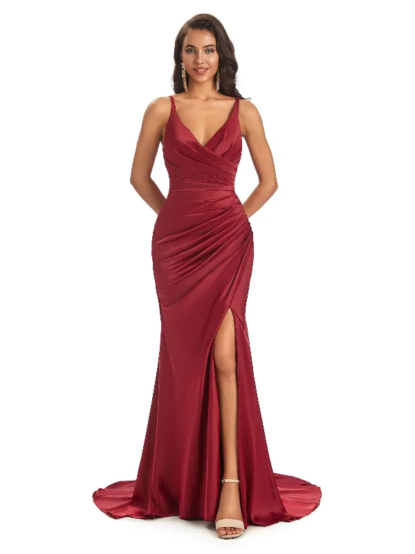 Soft Satin Side Slit Spaghetti Straps V-neck Long Sexy Mermaid Bridesmaid Dresses