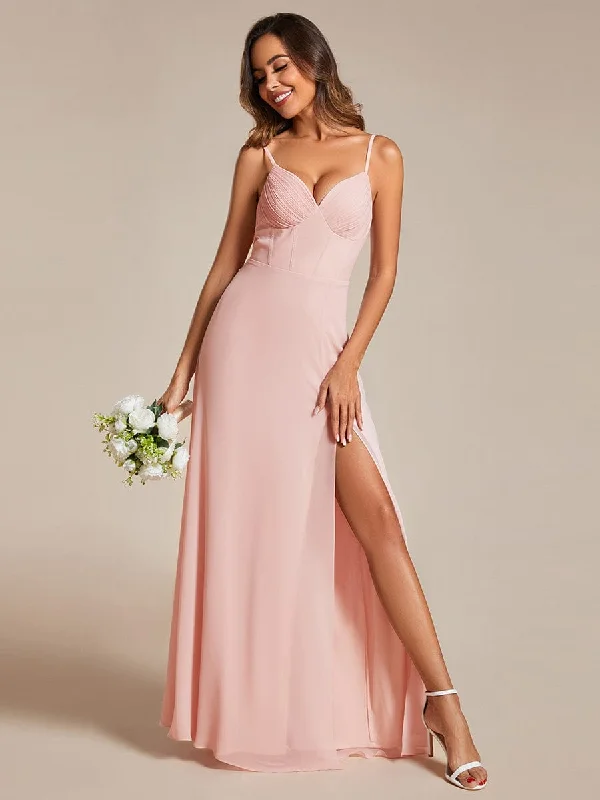 Spaghetti Strap V-Neck Chiffon Bridesmaid Dress with High Slit