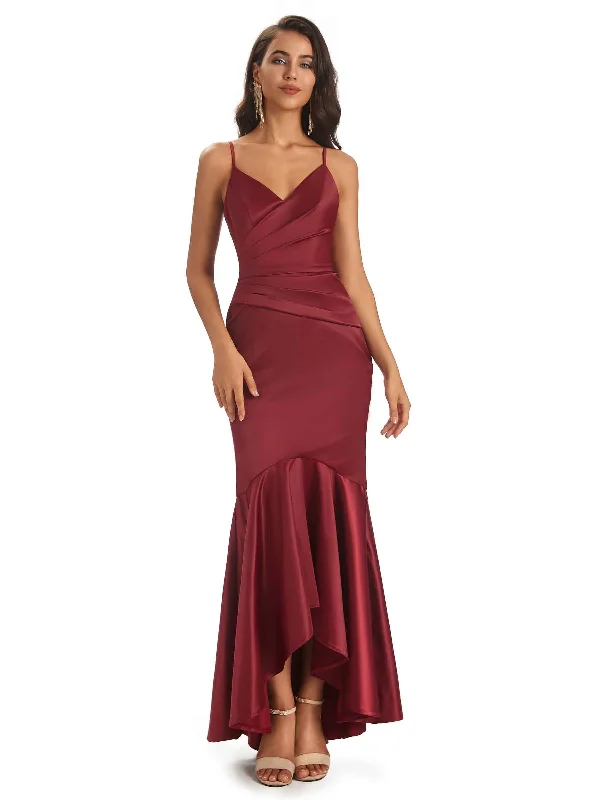 Spaghetti Straps V-Neck Soft Satin Asymmetrical High Low Bridesmaid Dresses Online