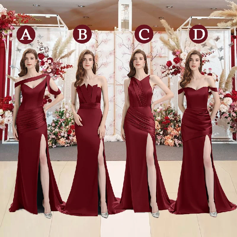 Unique Mismatched Side Slit Soft Satin Cheap Mermaid Burgundy Maid Of Honor Dresses