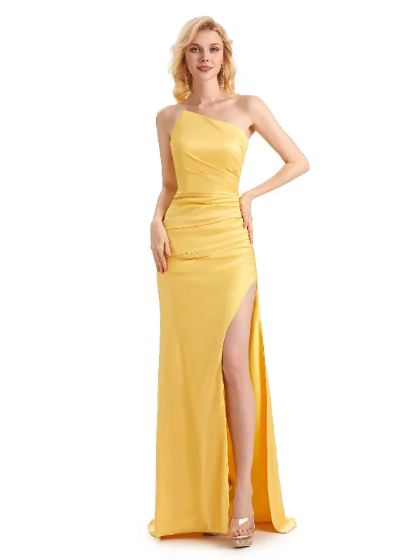 Unique Soft Satin Side Slit One Shoulder Long Mermaid Maid of Honor Dresses