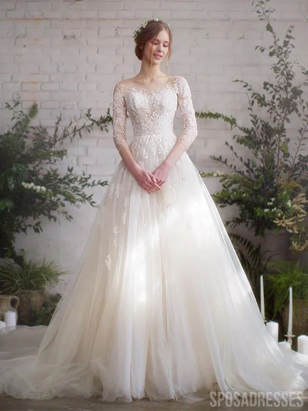 Fairy Long Sleeves A-line Lace Wedding Dresses, Cheap Wedding Gown, WD682