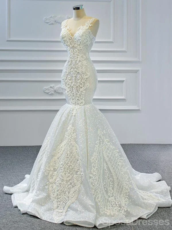 Gorgeous V Neck Lace Mermaid Wedding Dresses, Cheap Wedding Gown, WD720