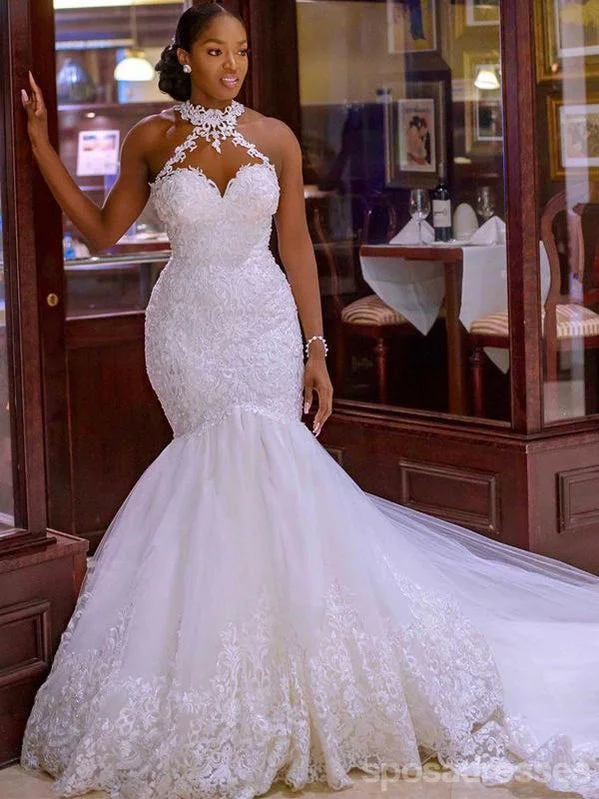 Halter Sexy See Through Lace Mermaid Wedding Dresses, Mermaid Wedding Gown, WD697