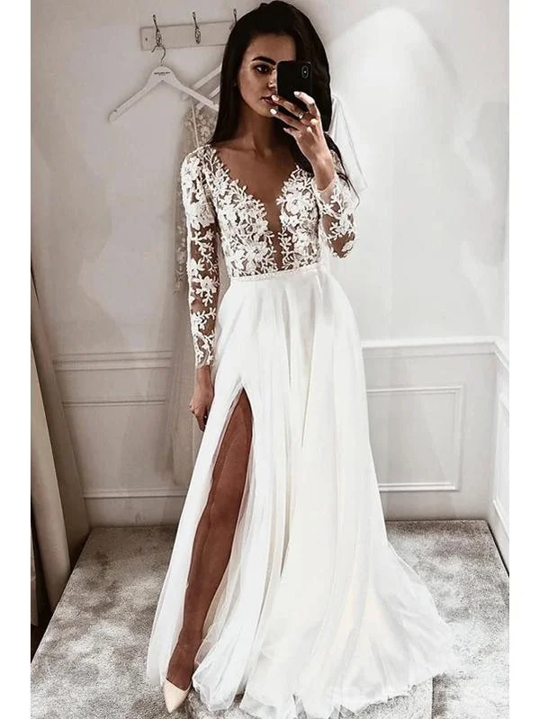 Long A-line Side Slit Long Sleeves Handmade Lace Wedding Dresses Online,WD749