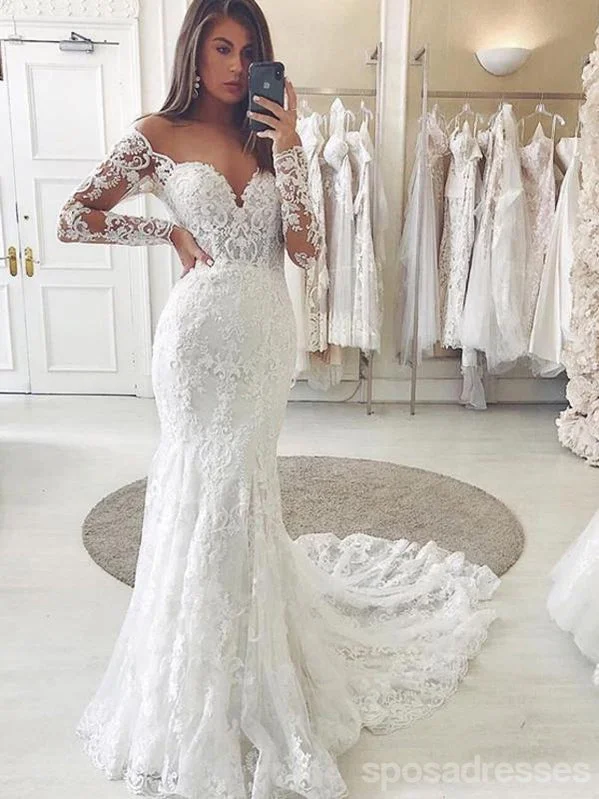 Long Sleeves Off Shoulder V-neck Long Mermaid Lace Wedding Dresses,WD769