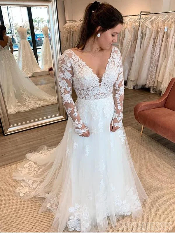 Long Sleeves See Through Cheap Wedding Dresses Online, Cheap Bridal Dresses, WD655