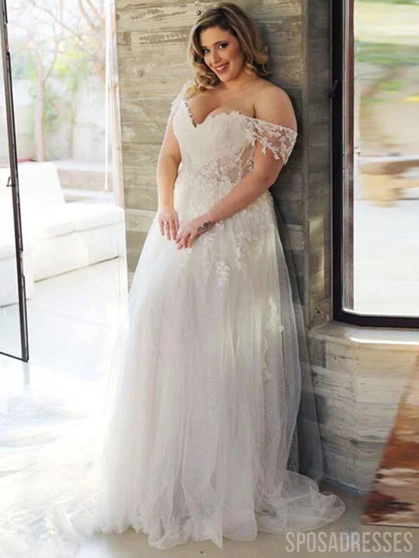 Off Shoulder Lace Applique Plus Size Wedding Dresses Online, Cheap Bridal Dresses, WD647