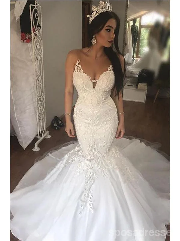 Sexy Long Mermaid Sleeveless V-neck Lace Wedding Dresses,WD774