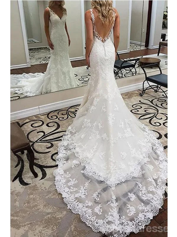 Sexy Long Mermaid Sleeveless V-neck Straps Lace Wedding Dresses,WD776