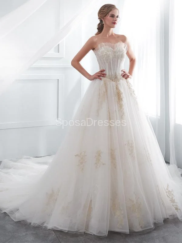 Sweetheart A-line Gold Lace Beaded Cheap Wedding Dresses Online, Cheap Bridal Dresses, WD571