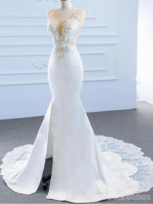 V Neck Side Slit Lace Mermaid Wedding Dresses, Cheap Wedding Gown, WD723