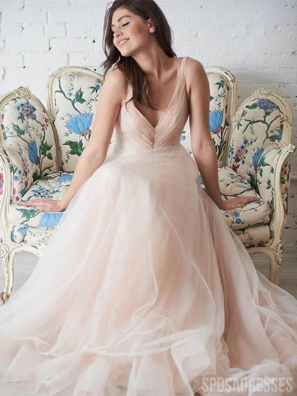 V Neck Simple Tulle A-line Cheap Wedding Dresses, Mermaid Wedding Gown, WD702